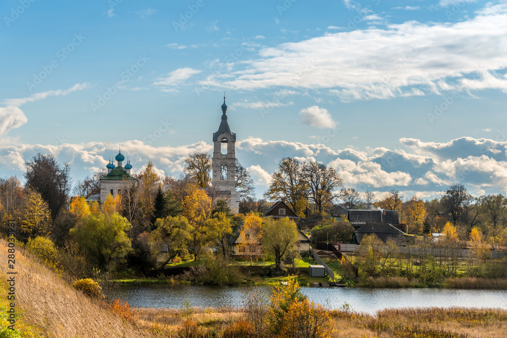 Rural landscape. The Church Of The Nativity Of The Blessed Virgin. Russia, Tver oblast, village of Porech'ye