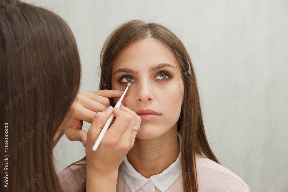 The process of creating makeup. Makeup artist working with a brush on the face of the model. The process of creating makeup. Makeup artist working with a brush on the face of the model.