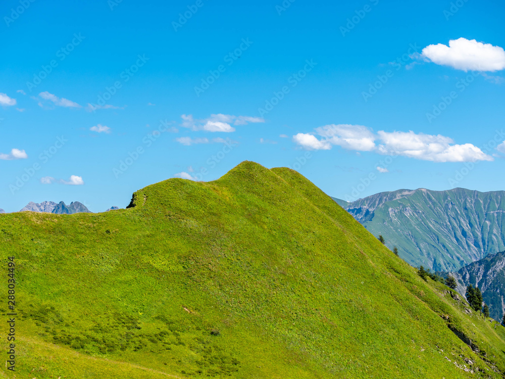Panorama view on hill and mountain landscapes at Fellhorn , Germany.