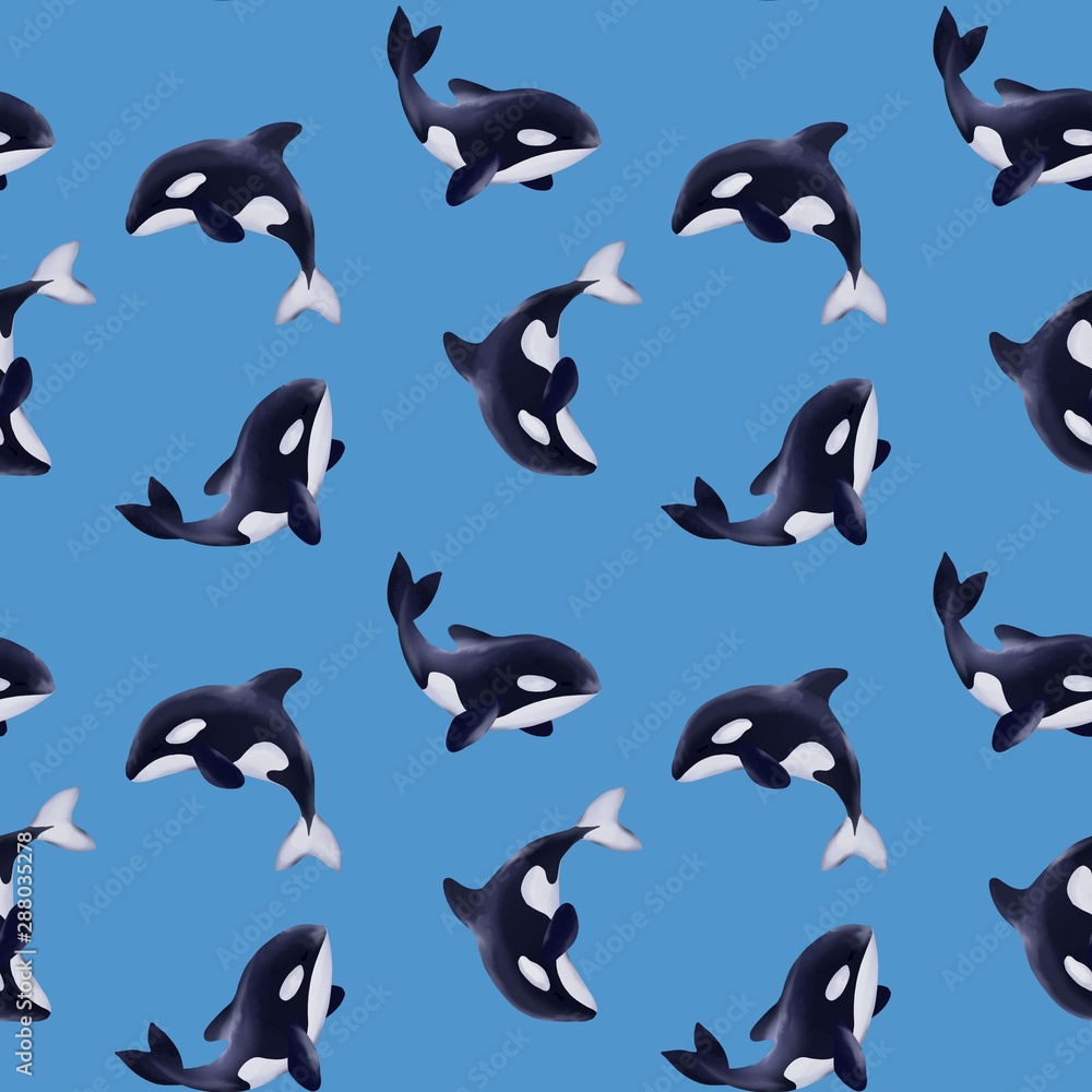 Fototapeta premium Seamless pattern of killer whales. Background with cartoon orcas