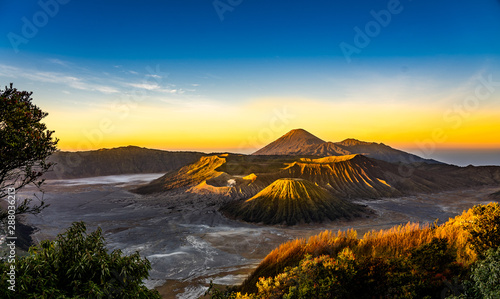 The bromo volcano on java in indonesia during the sunrise.