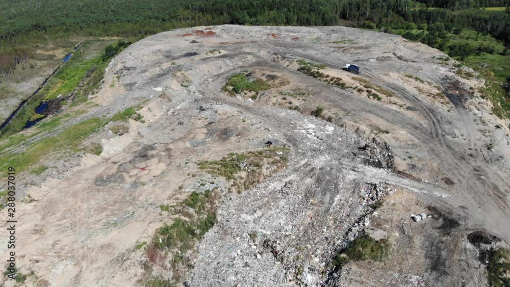 Aerial top view of garbage recycling polygon.Municipal solid waste landfill during collecting, sorting and pressing work. Aerial top view of garbage recycling polygon.Municipal solid waste landfill during collecting, sorting and pressing work.