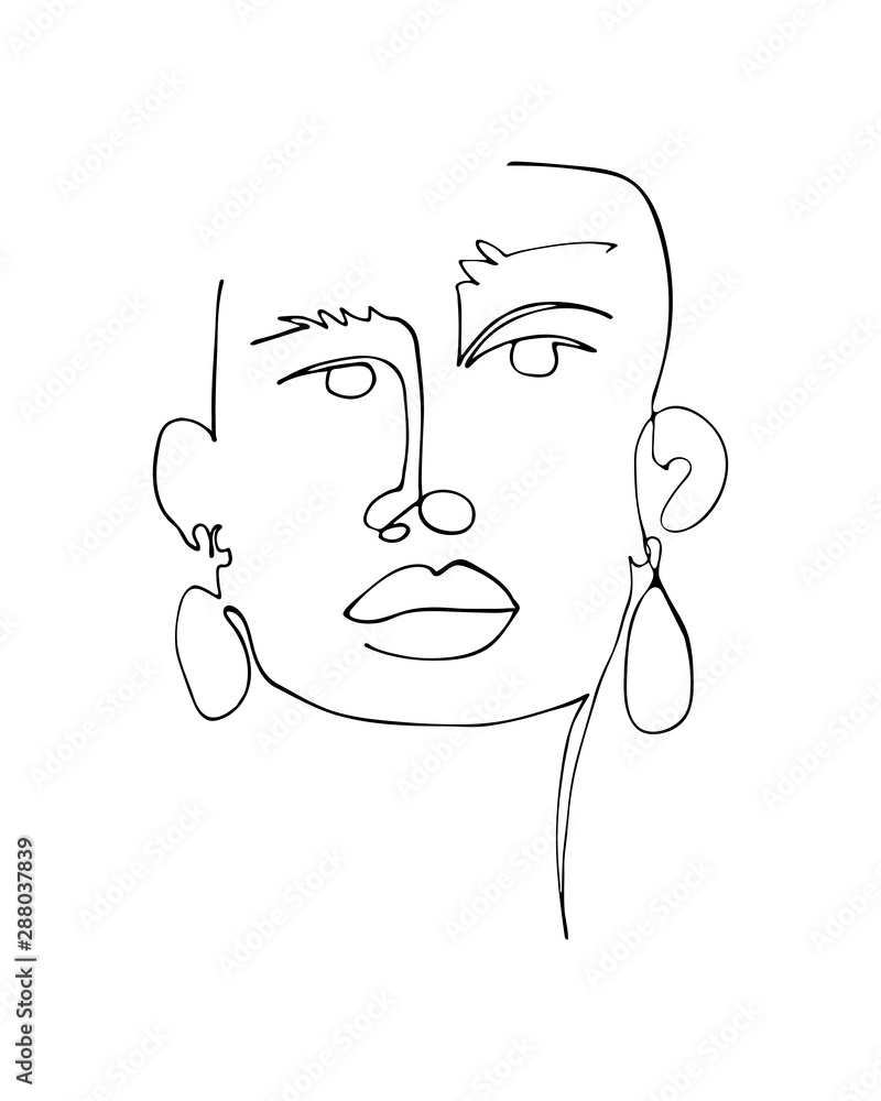 Linear portrait of woman with earrings. Continuous line art. One line drawing. Minimalist graphic. Stock Vector Adobe Stock