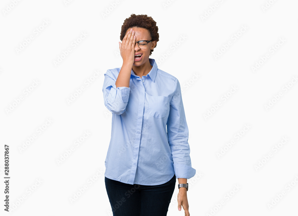 Young beautiful african american business woman over isolated background Yawning tired covering half face, eye and mouth with hand. Face hurts in pain. Young beautiful african american business woman over isolated background Yawning tired covering half face, eye and mouth with hand. Face hurts in pain.