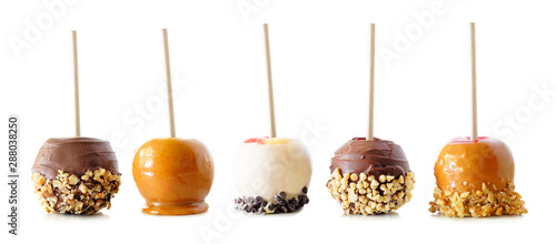 Variety of autumn candy apples with caramel, chocolate and nuts isolated on a white background photo