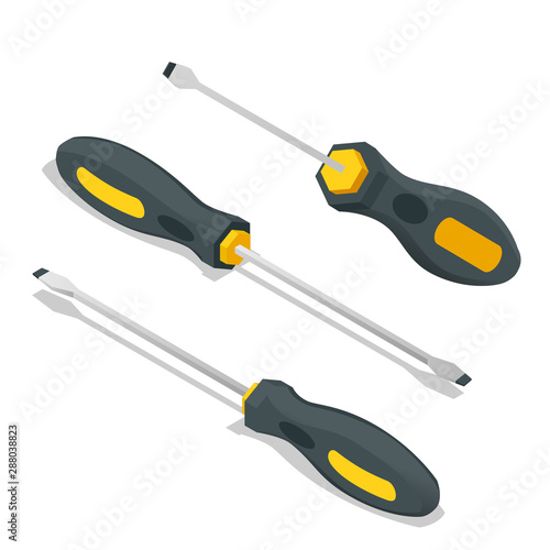 Isometric modern yellow screwdriver isolated on white background. Hand tools for repair and construction.