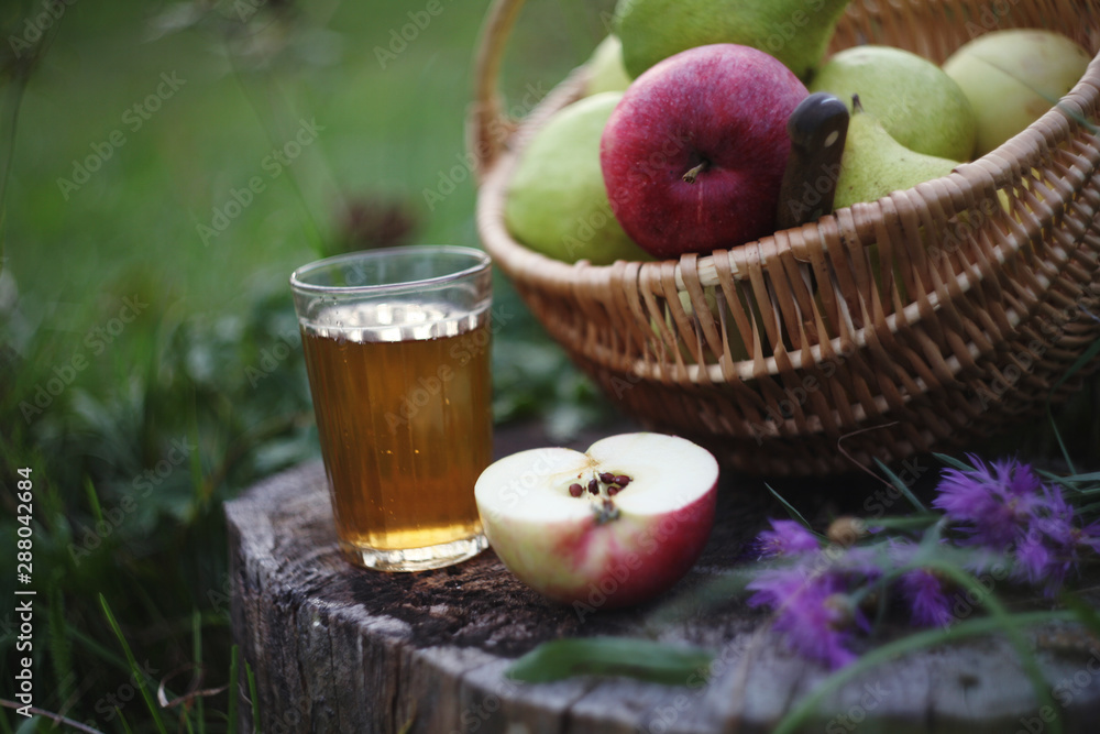 apple juice and wicker basket full of apples amd pears over summer nature background apple juice and wicker basket full of apples amd pears over summer nature background