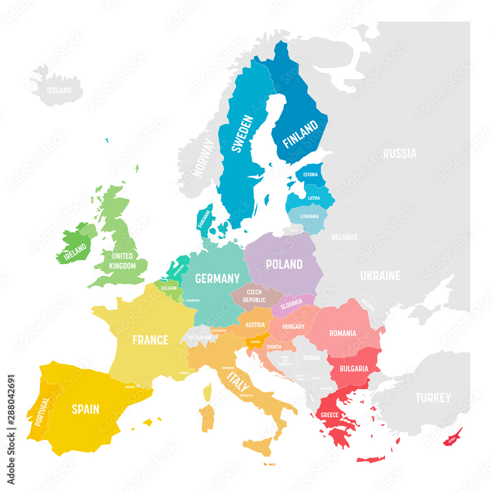 Fototapeta Kolorowa wektorowa mapa UE, Unia Europejska, państwa członkowskie