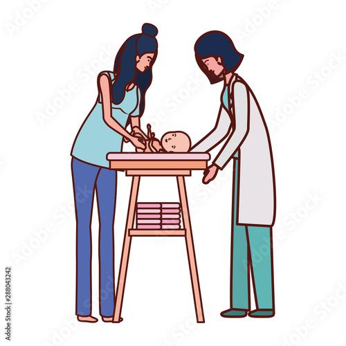 pediatrician female doctor with mom and baby in changer