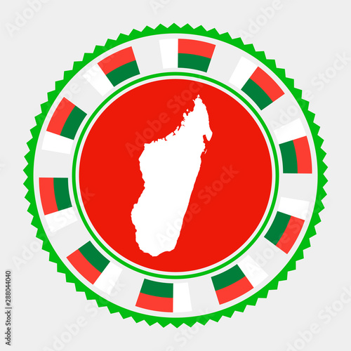 Madagascar flat stamp. Round logo with map and flag of Madagascar. Vector illustration.