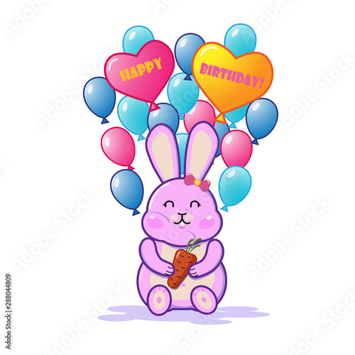 Vector cartoon illustration of a pink rabbit with balloons and a carrot. Happy Birthday greeting illustration with pink rabbit. © IreneSol 