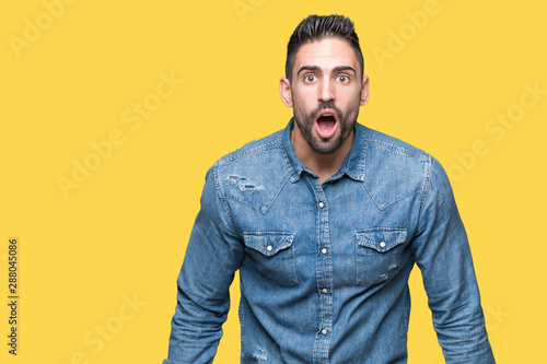 Young handsome man over isolated background afraid and shocked with surprise expression, fear and excited face.