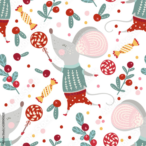 Seamless vector pattern with cute cartoon mouse in scandinavian style. Flat rat ornate illustration for New Year 2020.