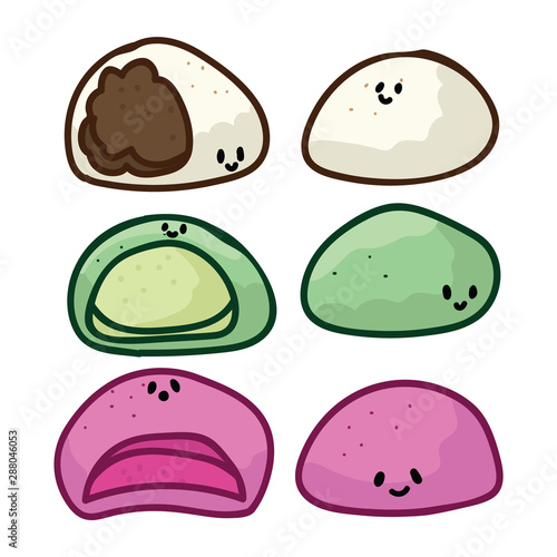 Kawaii traditional mochi assortment vector. Hand drawn Japanese snack clipart with faces. 