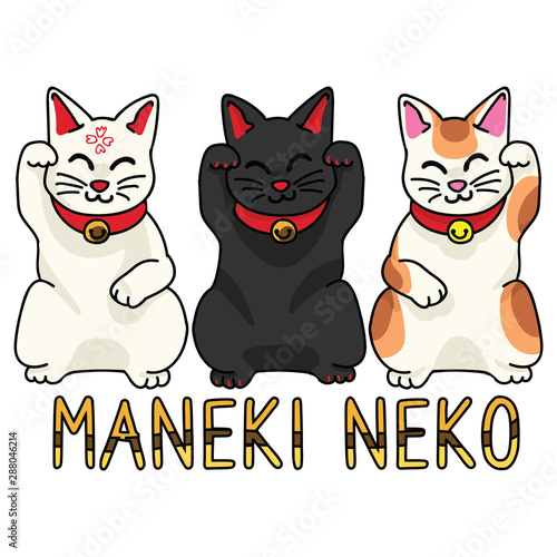 Cute collection of maneki neko cats. Hand drawn japanese luck symbol clipart. 
