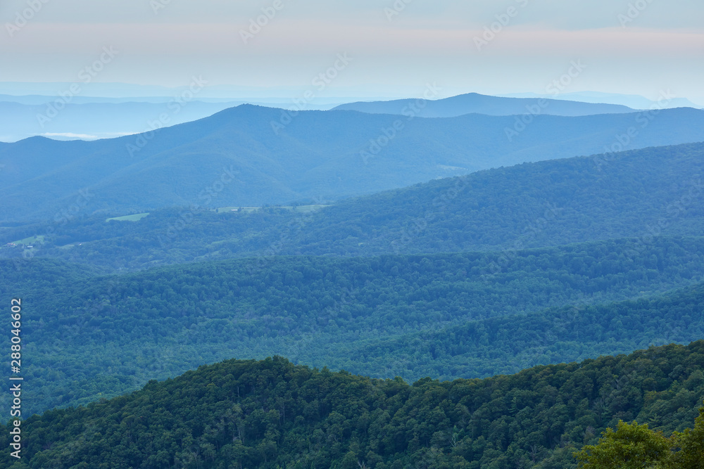 View of the Blue Ridge mountains from an overlook along Skyline Drive in Shenandoah National Park, Virginia
