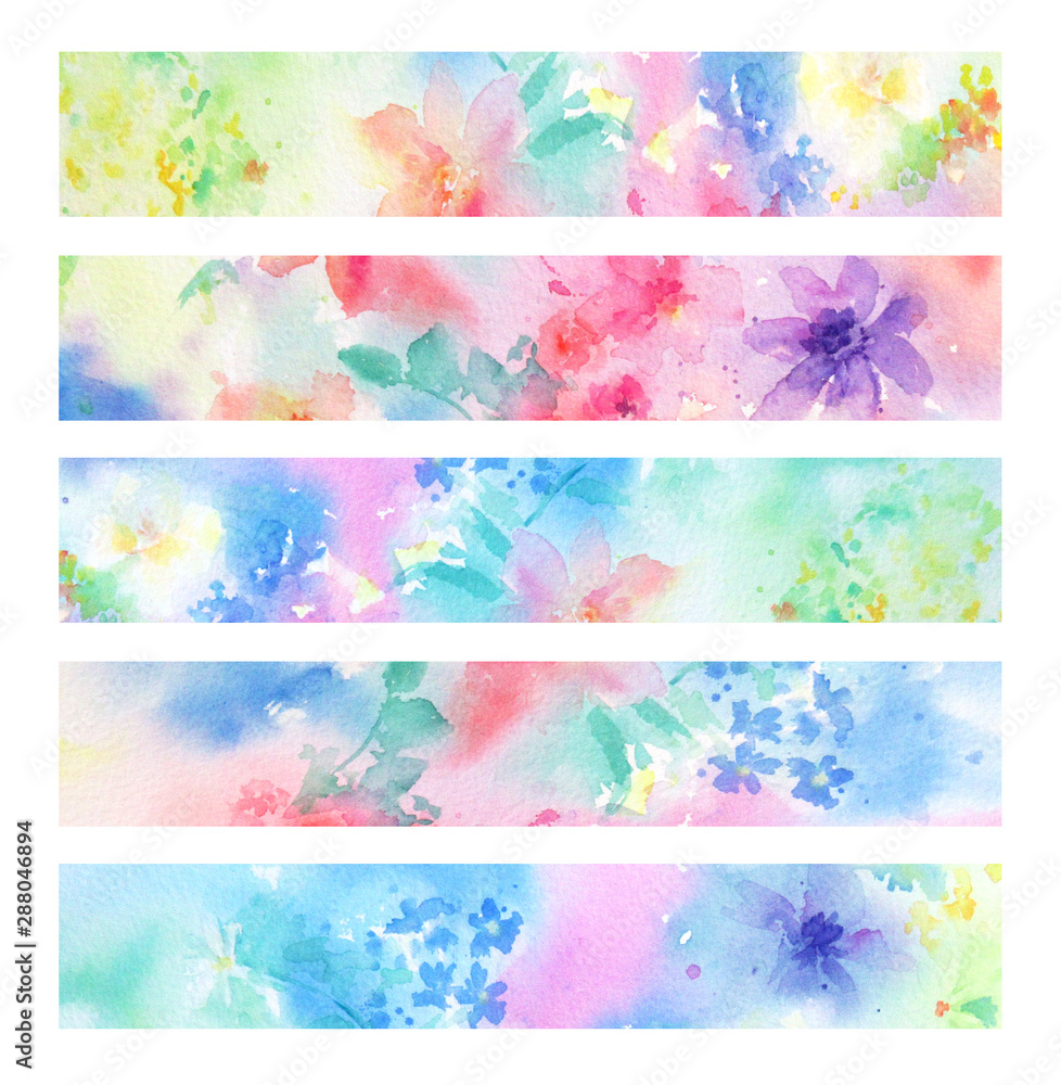 Fototapeta やさしい花柄の帯セット 手描き水彩イラスト