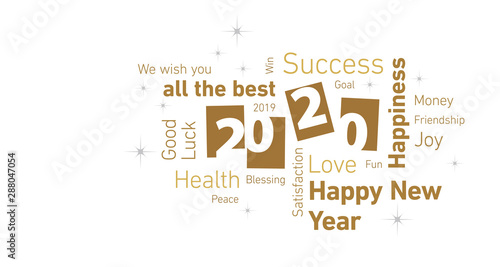 Happy New Year 2020 negative space cloud text gold white silver vector