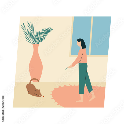 Woman with her cat. Woman dressed in trendy clothes spending time with a pet - playing with a laser tag. Flat vector illustration.