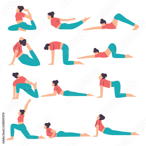 Young woman sitting in yoga posture and meditating. Girl doing aerobics exercise and meditation at home. Set of yoga poses. Flat vector illustration