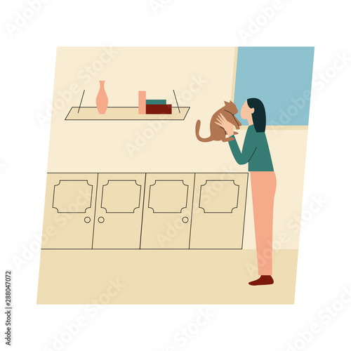 Woman with her cat. Woman dressed in trendy clothes spending time with a pet - kissing cat. Flat vector illustration.