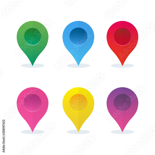 Map marker, map pin vector. Map markers with circles with blank space. 6 colors. Vector graphics.