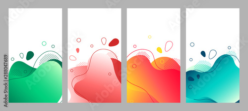 Abstract fluid social media background set. Wavy bubble web banner, screen, mobile app colorful design. Flowing multicolor liquid gradient shapes. Geometric social network stories theme template pack