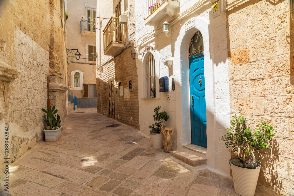 Italy, Apulia, Metropolitan City of Bari, Monopoli. Narrow walkway between buildings.