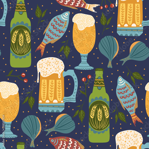 Beer festival vector seamless pattern. Oktoberfest colour ornate illustration with beer bottles, glasses and fish snack.