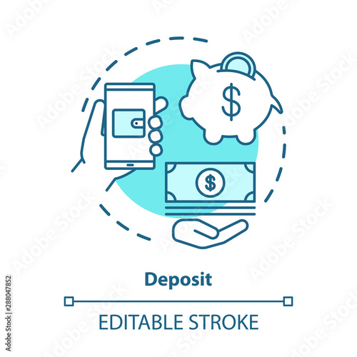 Deposit concept icon. Savings & investments. Casino deposit bonus idea thin line illustration. Digital wallet payment. Cash back and piggy bank. Vector isolated outline drawing. Editable stroke
