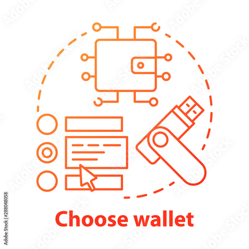 Choose wallet red concept icon. Digital currency storing idea thin line illustration. Online banking. Service for private keys storage. Software program for e payment. Vector isolated outline drawing