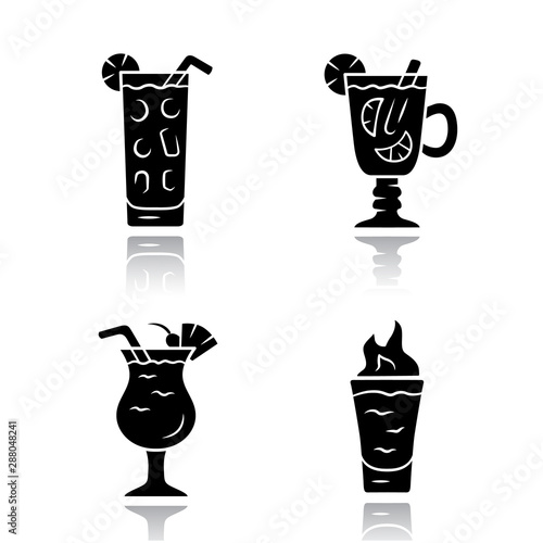 Drinks drop shadow black glyph icons set. Cocktail in highball glass, hot toddy, pina colada, flaming shot. Alcoholic mixes, soft drinks. Refreshing, warming beverages. Isolated vector illustrations