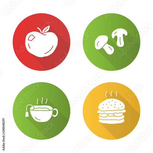 Delicious lunch flat design long shadow glyph icons set. Hot tea, ripe apple, burger and mushrooms vector silhouette illustration. Tasty breakfast, fast food and drink. Healthy and harmful nutrition