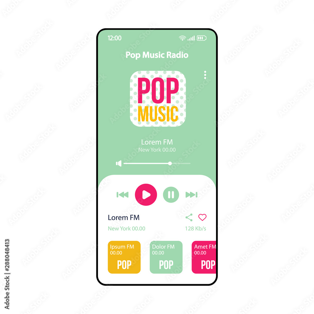 Pop music FM radio smartphone interface vector template. Mobile music  player app page pastel green layout. Audio playlist, modern tracks and  songs listening screen. Application flat UI. Phone display Stock Vector