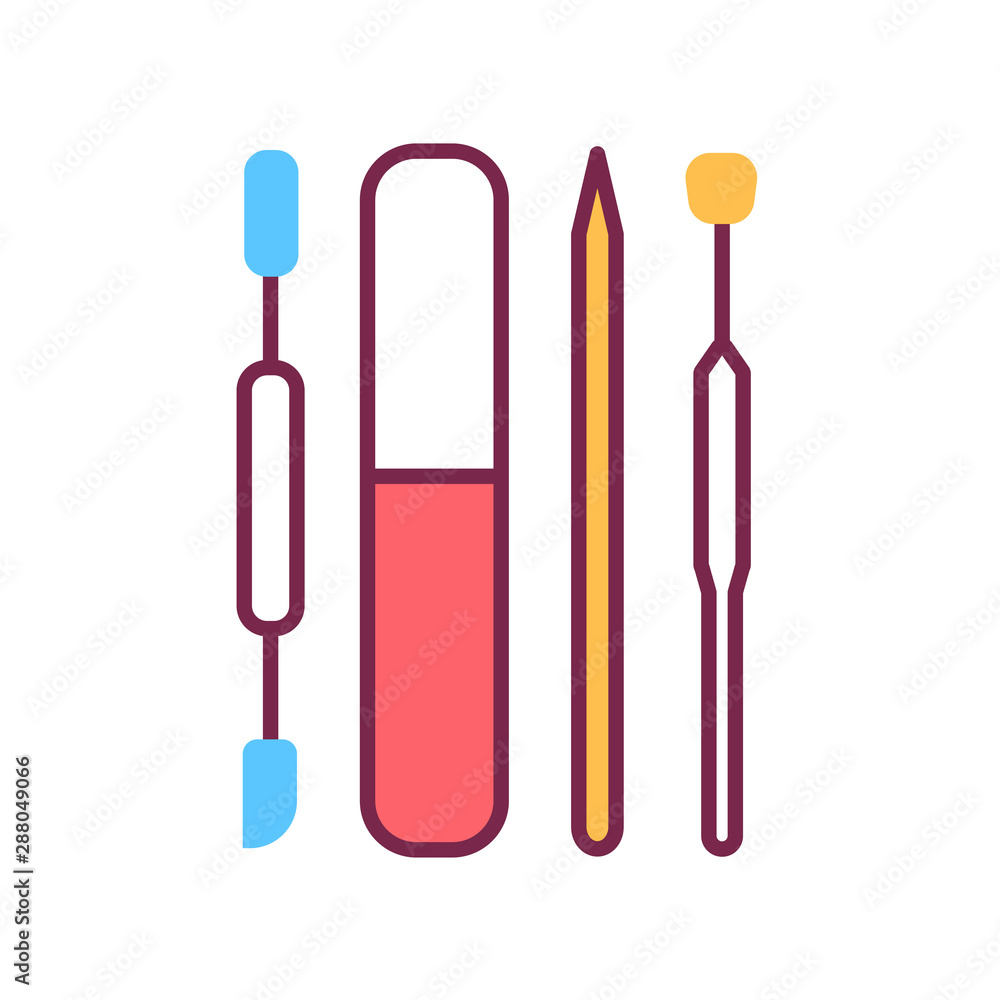 Manicure and pedicure instruments color line icon. Tools: Pusher, nail file. Nail service. Beauty industry. Pictogram for web page, promo. Manicure and pedicure instruments color line icon. Tools: Pusher, nail file. Nail service. Beauty industry. Pictogram for web page, promo.