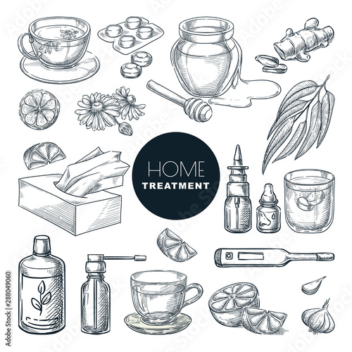 Home remedies treatment for colds, coughs. Vector hand drawn sketch illustration. Healthcare herbal therapy icons