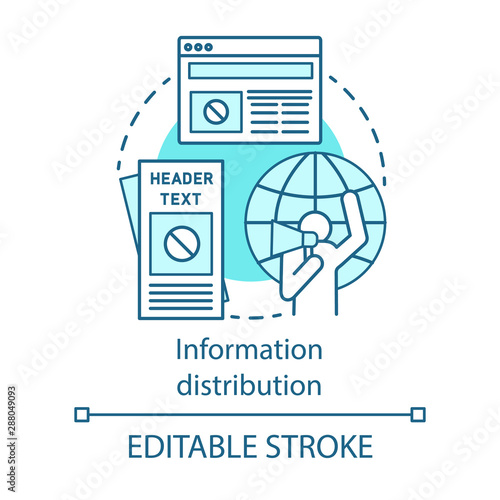 Information distribution concept icon. Nonviolent resistance, propaganda idea thin line illustration. Activist with megaphone, flyers and online news vector isolated outline drawing. Editable stroke