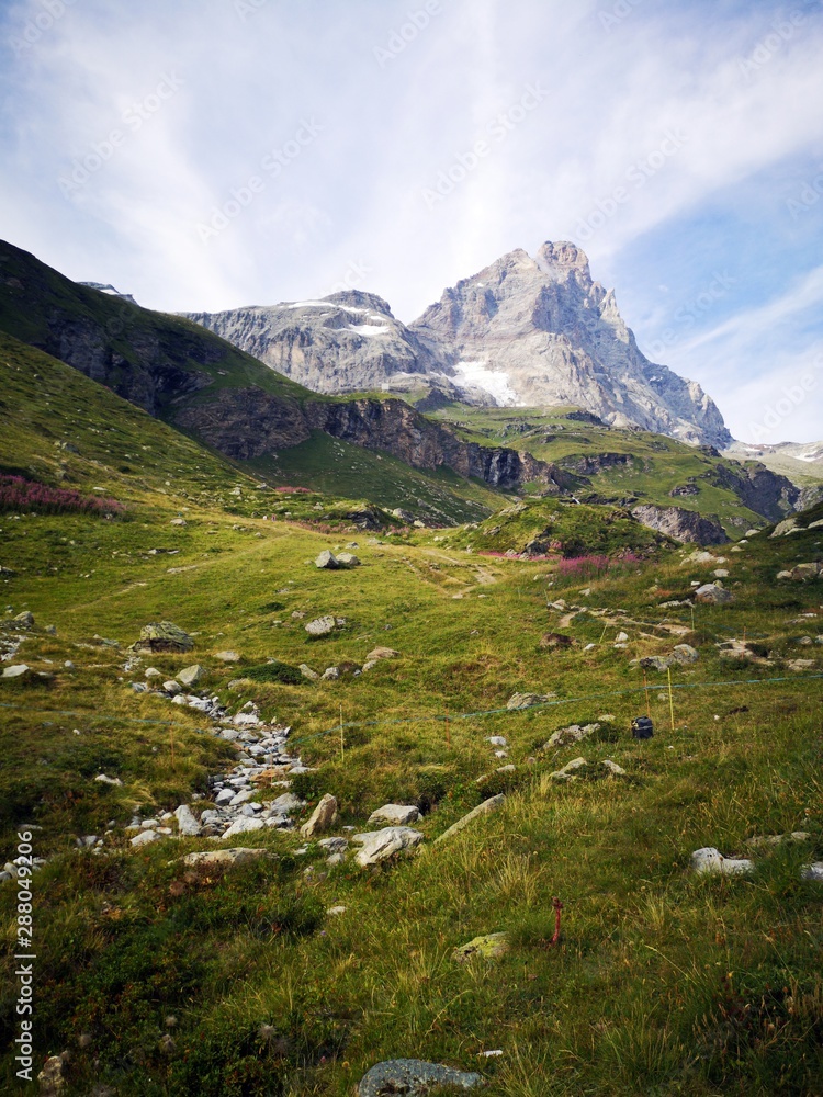 Landscape in the mountains -  Monte Cervino - Matterhorn mountains , Rifugio Duca degli Abruzzi L`Orionde, in Breuil-Cervinia, Italy