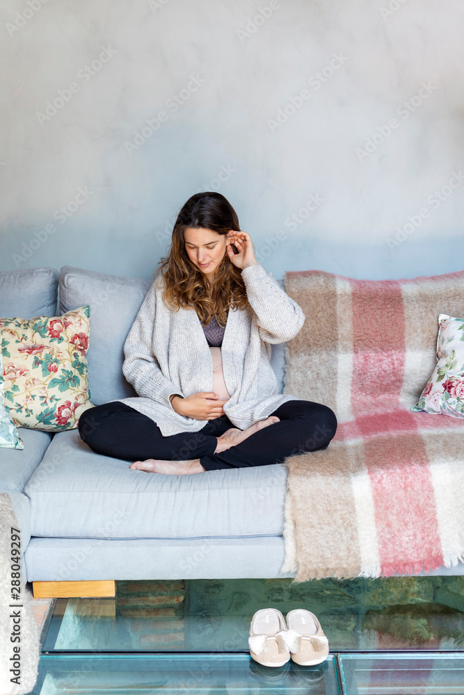 Obraz premium Pregnant woman sitting on a sofa and caressing her belly