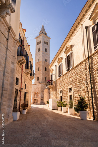Fototapeta Naklejka Na Ścianę i Meble -  Italy, Apulia, Province of Barletta-Andria-Trani, Trani. View down a street to San Nicola Pellegrino cathedral