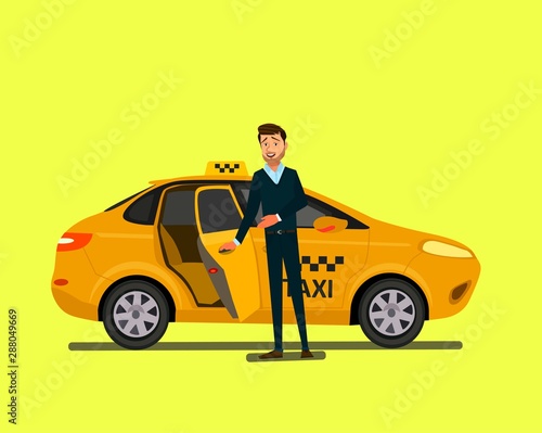 Smiling young taxi driver near his car.Taxi service. Vector illustration © anisimovfedor