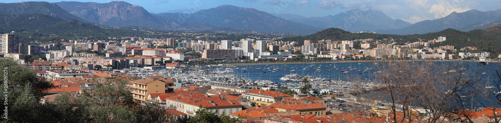 The panoramic view Ajaccio houses and marina port , Corsica, France.