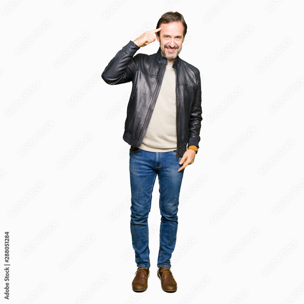 Middle age handsome man wearing black leather jacket Smiling pointing to head with one finger, great idea or thought, good memory Middle age handsome man wearing black leather jacket Smiling pointing to head with one finger, great idea or thought, good memory