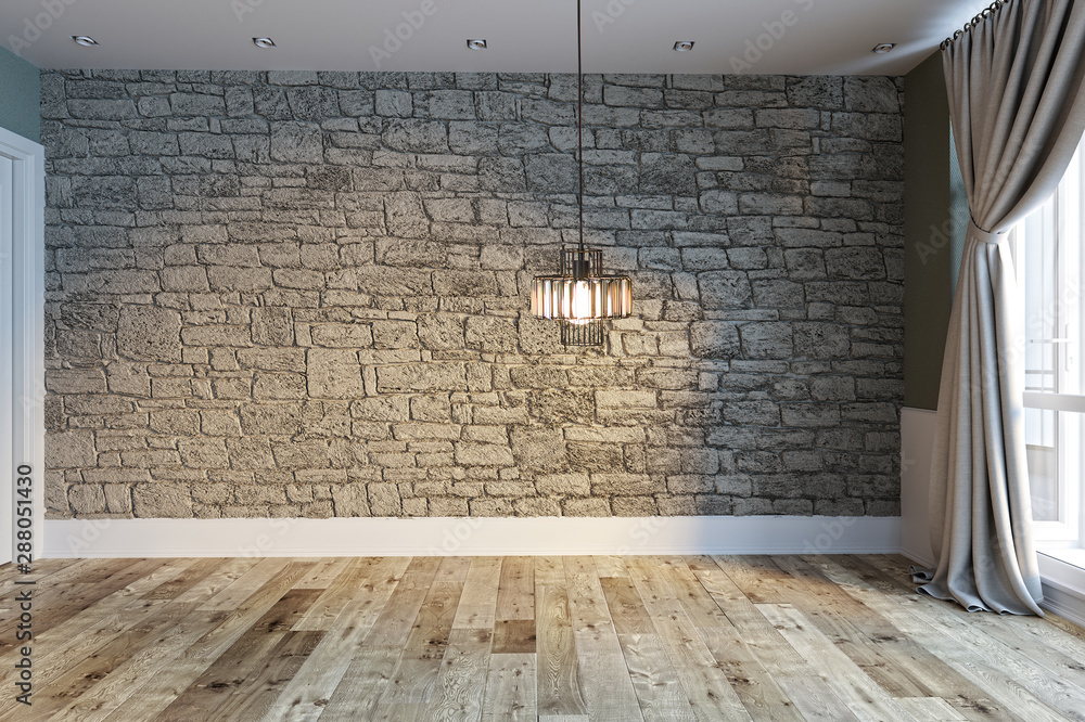 new empty living room interior decoration wooden floor, stone wall concept.  decorative background for home, office and hotel. 3D illustration Stock  Illustration | Adobe Stock