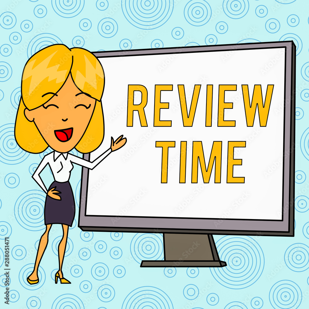 Word writing text Review Time. Business photo showcasing to think or talk about something again Set schedule to review White Female in Standing Pointing Blank Screen Whiteboard Presentation Word writing text Review Time. Business photo showcasing to think or talk about something again Set schedule to review White Female in Standing Pointing Blank Screen Whiteboard Presentation