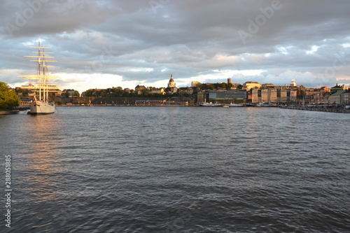 Gray and golden sunset above the Stockholm's Soedermalm