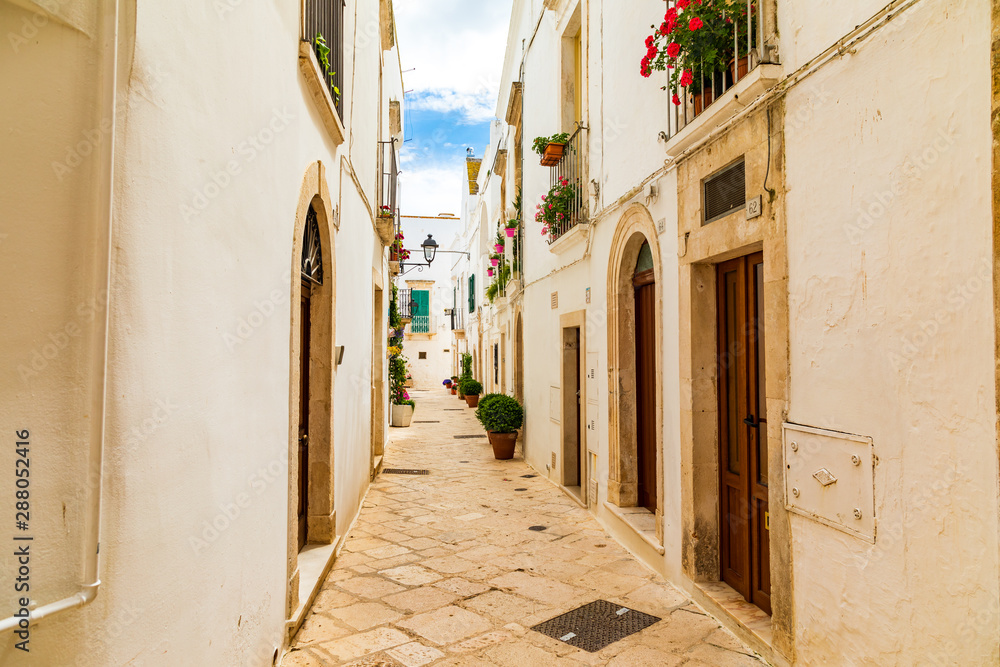 Obraz premium Italy, Apulia, Metropolitan City of Bari, Locorotondo. May 31, 2019. Narrow cobblestone alley.