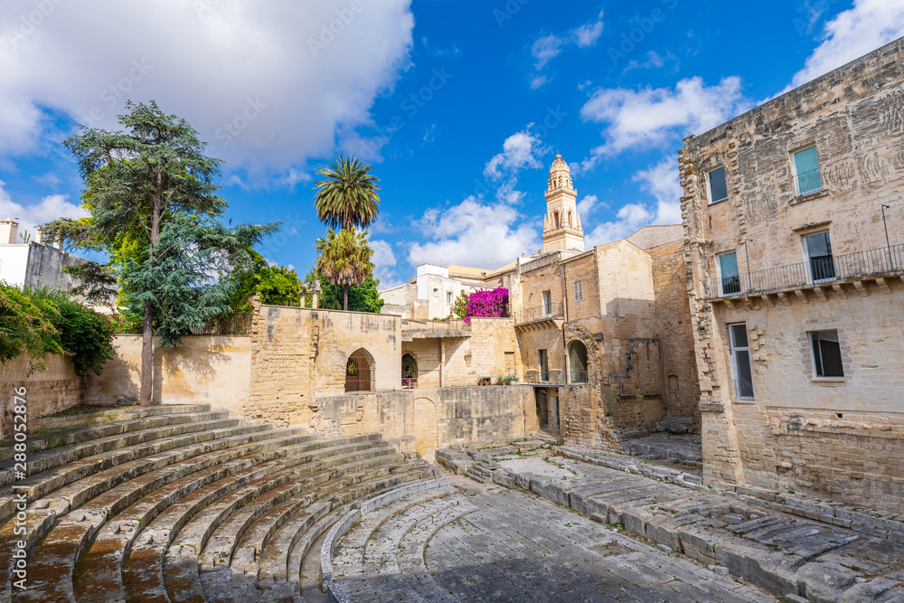 Italy, Apulia, Province of Lecce, Lecce. Bell tower, Duomo dell'Assunta, Cathedral, viewed from a Roman theater.