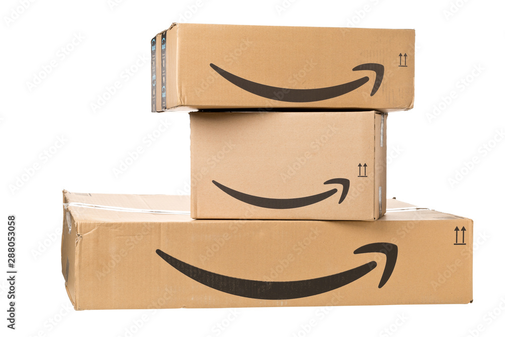 DRESDEN, GERMANY - APRIL 3, 2019 : Amazon logo on stack of delivered  parcels isolated on white background Stock Photo | Adobe Stock