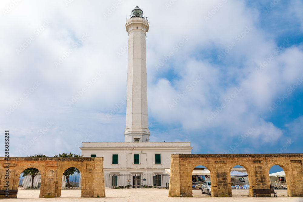 Italy, Apulia, Province of Lecce, Castrignano del Capo, Santa Maria di Leuca. Lighthouse at the Sanctuary, or Basilica, Santa Maria De Finibus Terrae (